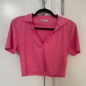 Zara Collared Knit Crop-top/ Hot Pink/ Size L